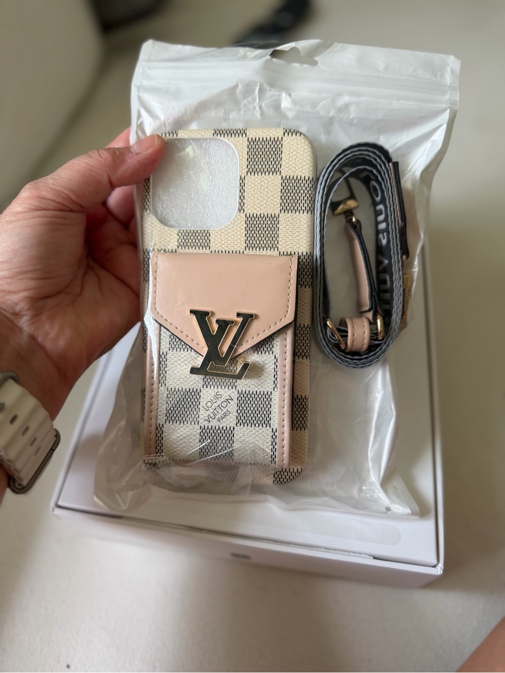 Louis Vuitton Damier Azur Phone Holder with Blush Pink Trim - Picture 6 of 8